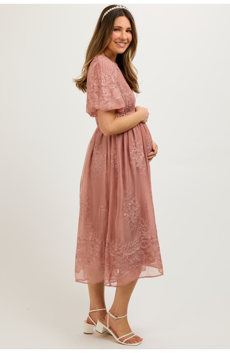 PinkBlush Floral Lace Smocked Midi Dress, Alternate, color, Mauve