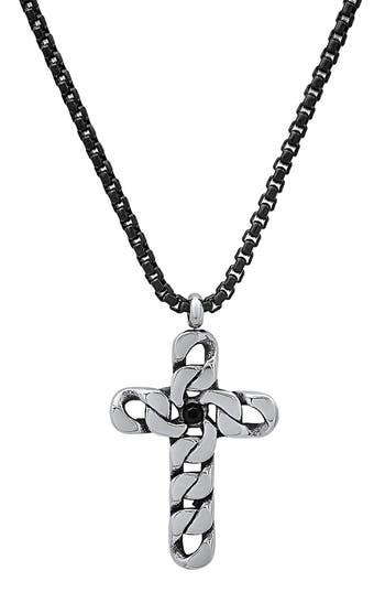 Hmy Jewelry Two-tone Stainless Steel Crystal Cross Pendant Necklace In Silver/black