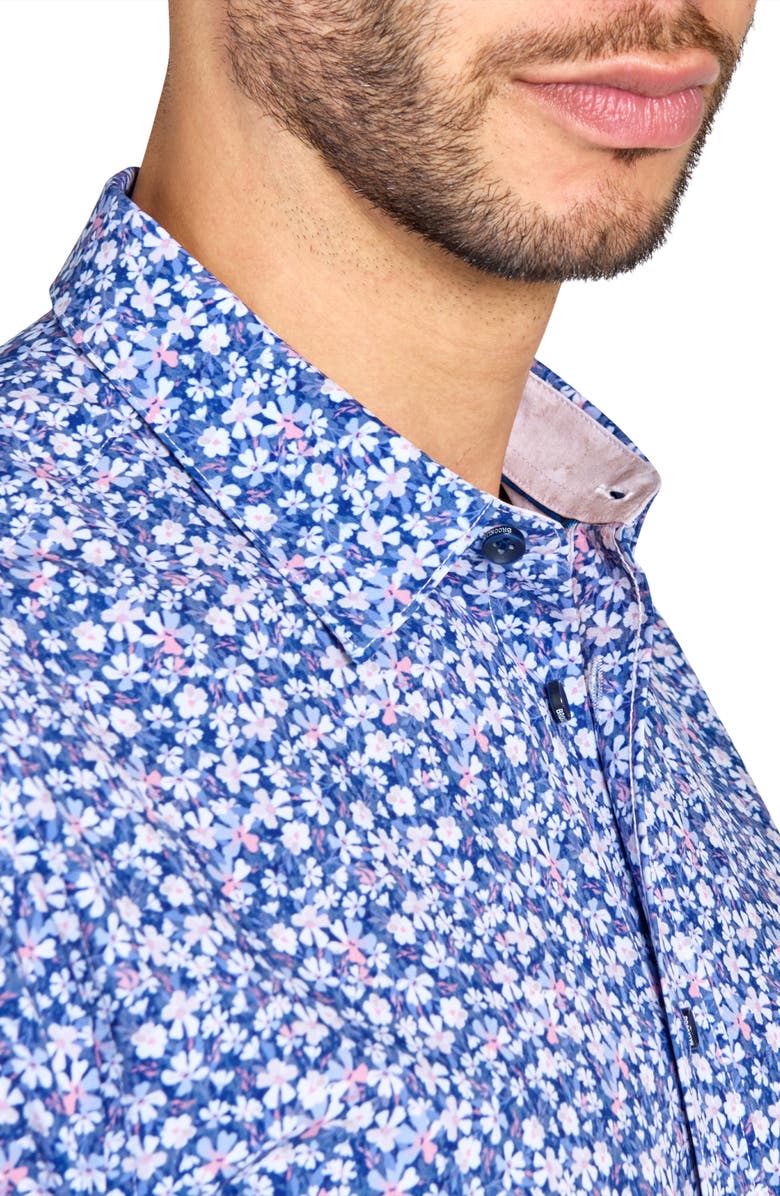 Brooklyn Brigade Slim Fit Mini Floral Recycled 4-Way Stretch Performance Long Sleeve Shirt, Alternate, color, White/Blue