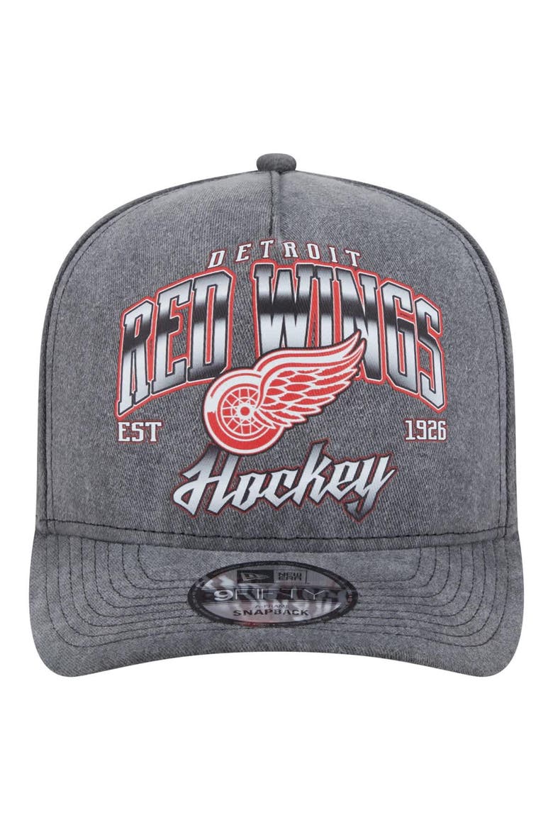 Men's New Era  Charcoal Detroit Red Wings Throwback Washed A-Frame Pre-Curved 9FIFTY Snapback Hat, Alternate, color, Charcoal