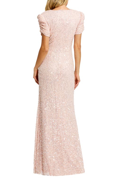 Mac Duggal Sequin Gathered Sleeve Column Gown In Blush