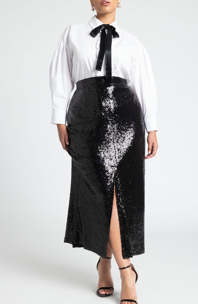 ELOQUII Tie Neck Ruffle Tuxedo Shirt, Alternate, color, 