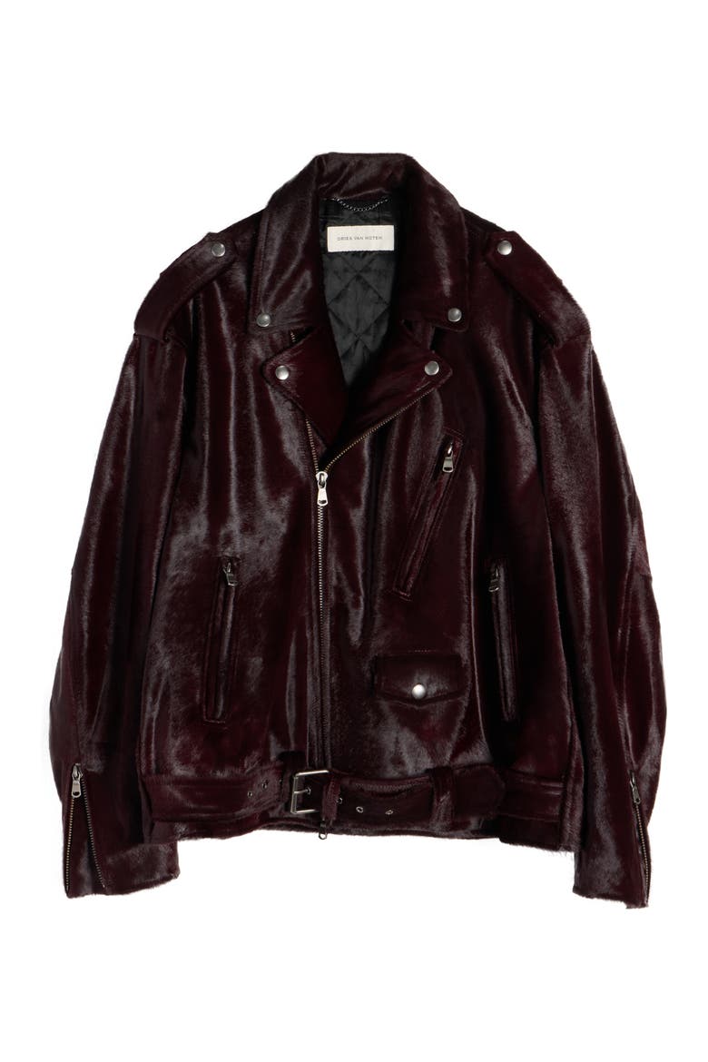 Genuine Calf Hair Biker Jacket, Alternate, color, BURGUNDY