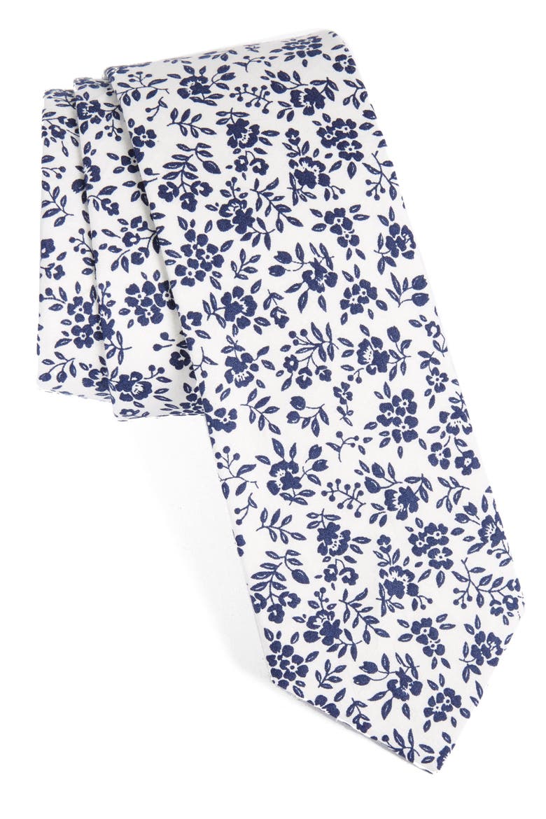 Floral Cotton Tie, Main, color, WHITE