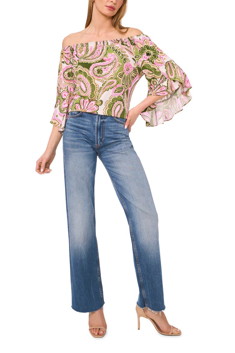 Off the Shoulder Flutter Sleeve Top, Alternate, color, GREEN MULTI