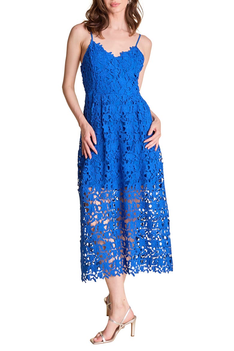 Lace Spaghetti Strap Midi Dress, Main, color, BLUE