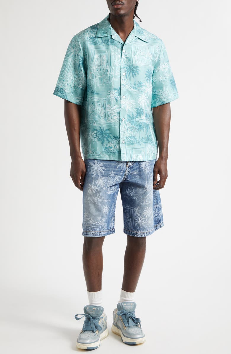 AMIRI Chateau Sketch Silk Camp Shirt, Alternate, color, Ceramic Teal