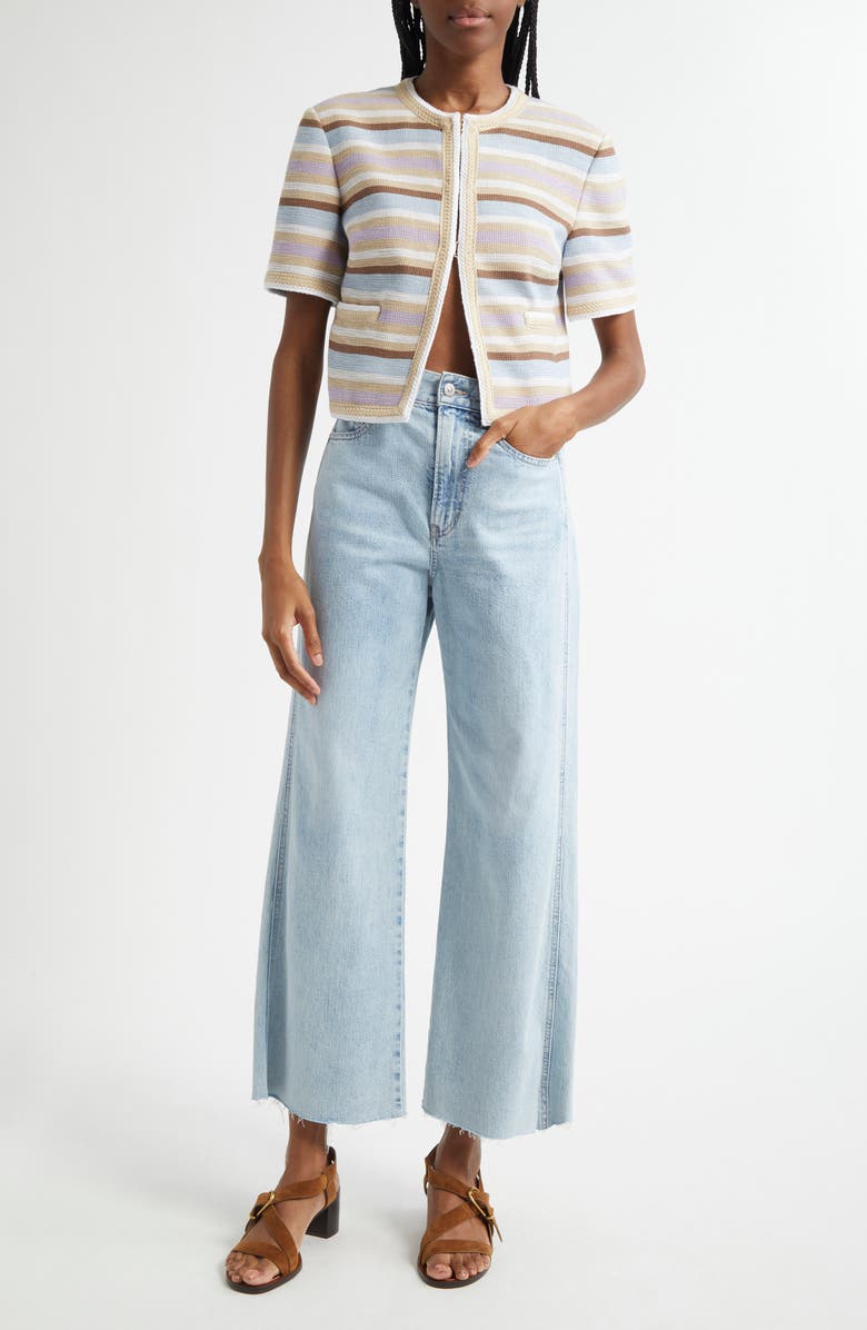 Veronica Beard Wyatt Stripe Cardigan, Alternate, color, Stone Khaki Multi