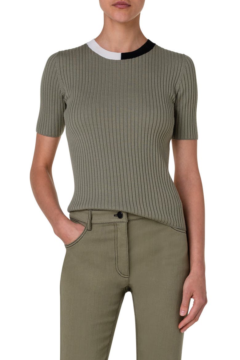Colorblock Short Sleeve Virgin Wool Rib Sweater T-Shirt, Main, color, SAGE-CREAM