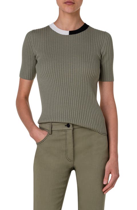 Colorblock Short Sleeve Virgin Wool Rib Sweater T-Shirt