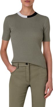 Akris punto Colorblock Short Sleeve Virgin Wool Rib Sweater T-Shirt