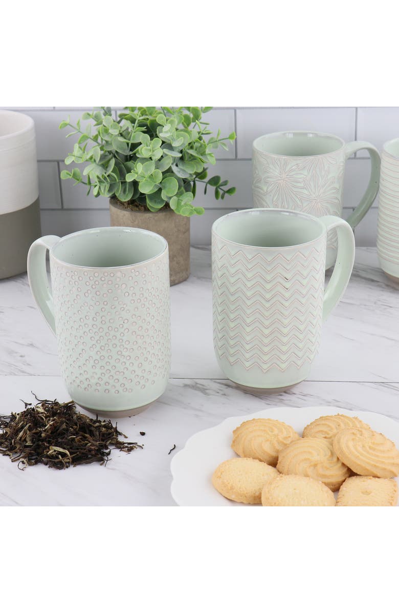 Laurie Gates Madrina 4 Piece 19 Ounce Stoneware Assorted Designs Mug Set, Alternate, color, Mint