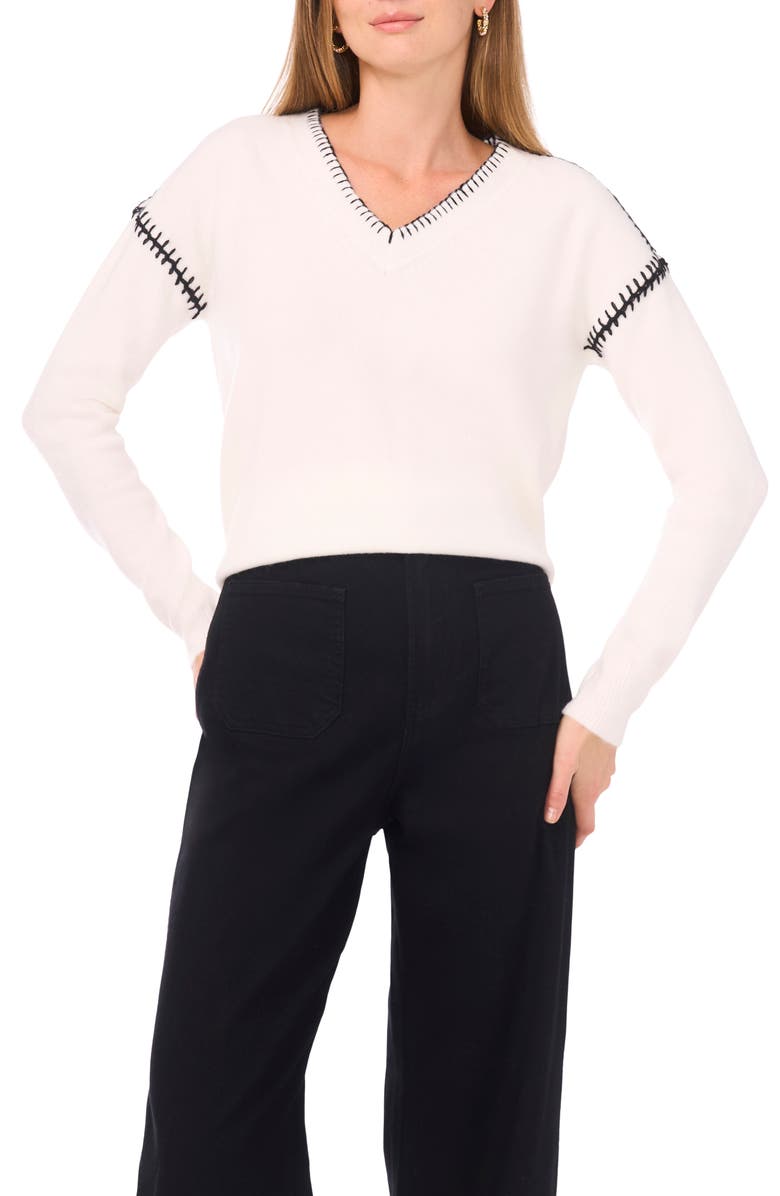 Vince Camuto Whipstitch V-Neck Sweater, Main, color, Antique White/ Rich Black