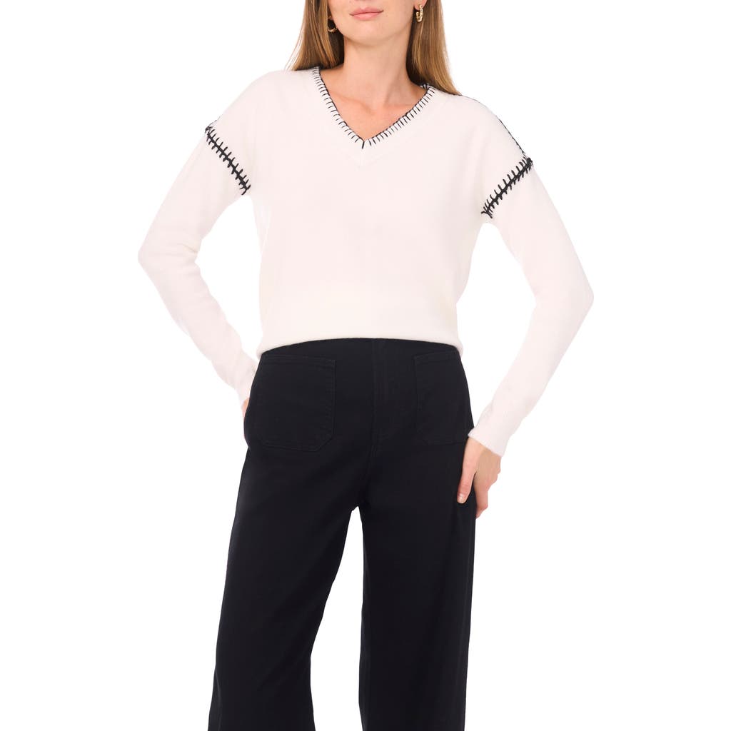 Vince Camuto Whipstitch V-neck Sweater In White