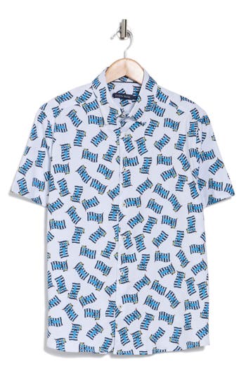 Stone Rose Chillin' Lobster Print Short Sleeve Stretch Cotton Button-up Shirt