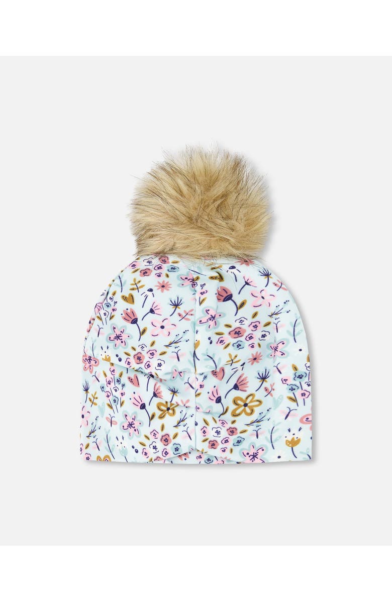 Deux par Deux Stretch Jersey Hat Mini Flower Print with Pompom, Alternate, color, Blue Mini Flower Print