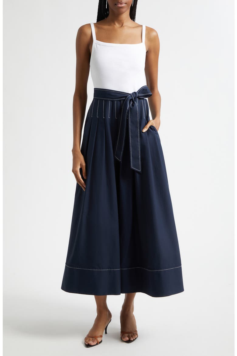 Olivia Mixed Media Midi Dress, Main, color, WHITE/ NAVY