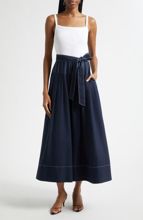 Cinq à Sept Olivia Mixed Media Midi Dress in White/navy at Nordstrom, Size Large