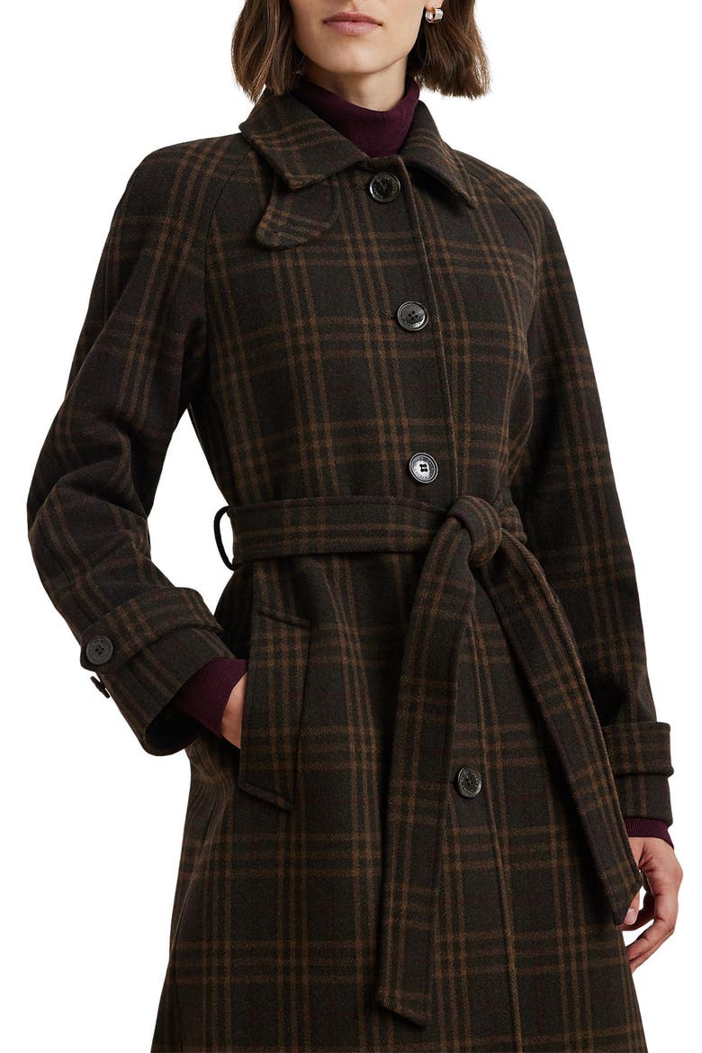 Plaid Wool Blend Maxi Trench Coat, Alternate, color, BROWN PLAID