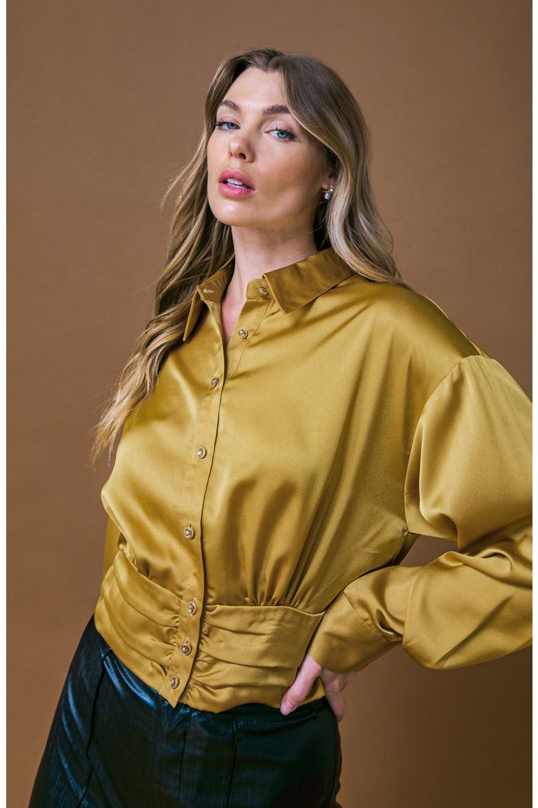 Long Sleeve Satin Crop Button-Up Shirt, Alternate, color, GOLD