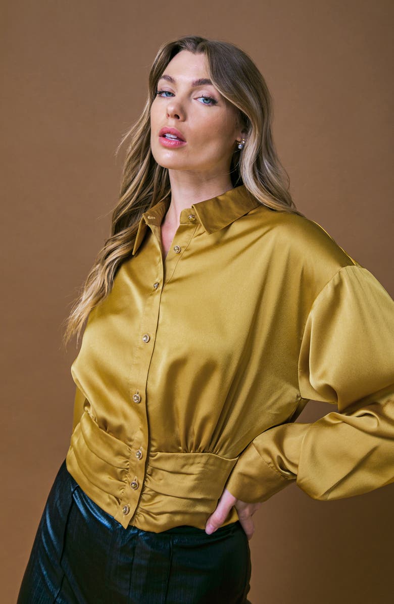 FLYING TOMATO Long Sleeve Satin Crop Button-Up Shirt, Alternate, color, Gold