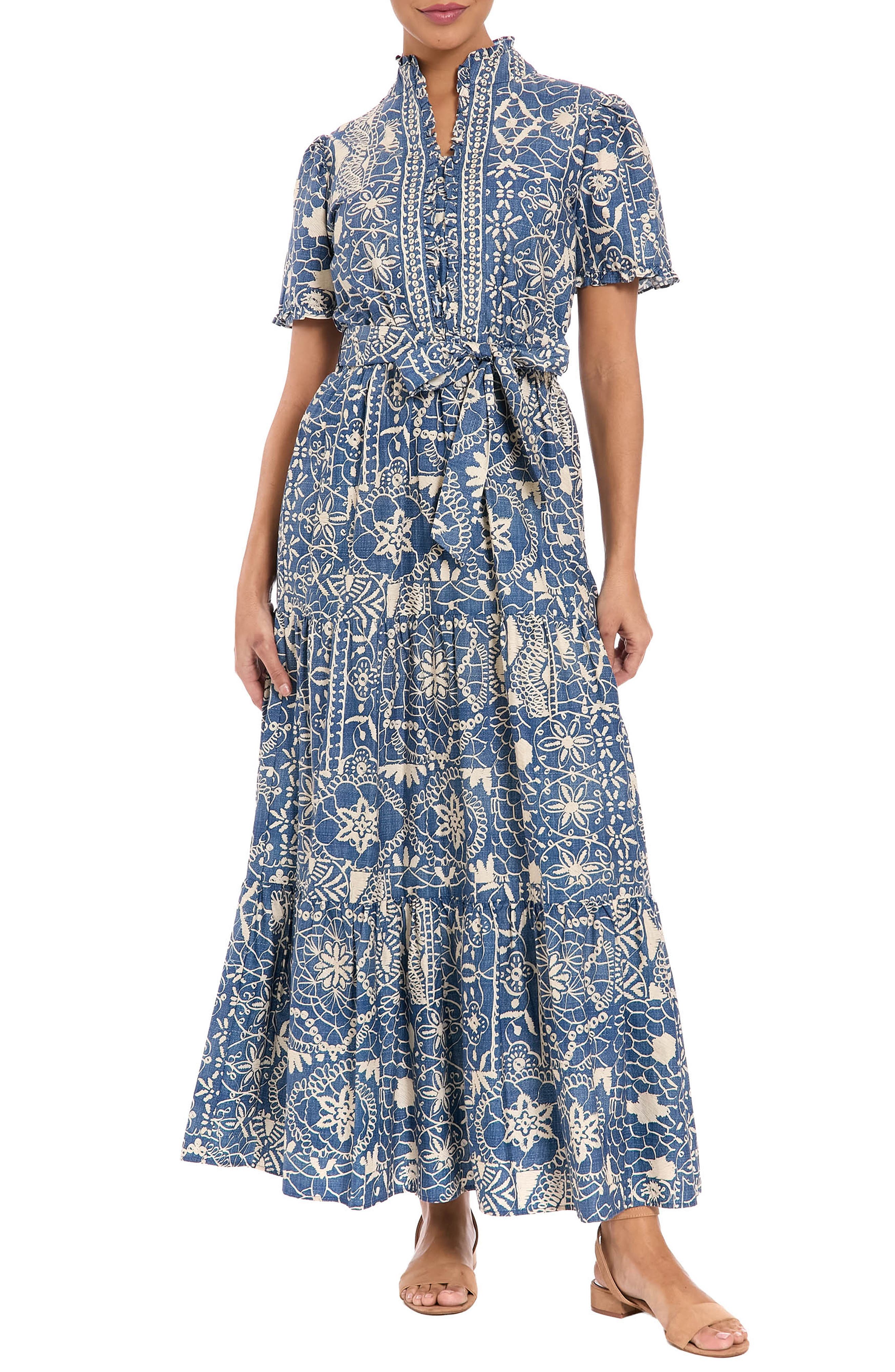 London Times Ruffle Tiered Tie Waist Maxi Dress