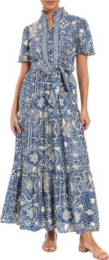 London Times Ruffle Tiered Tie Waist Maxi Dress