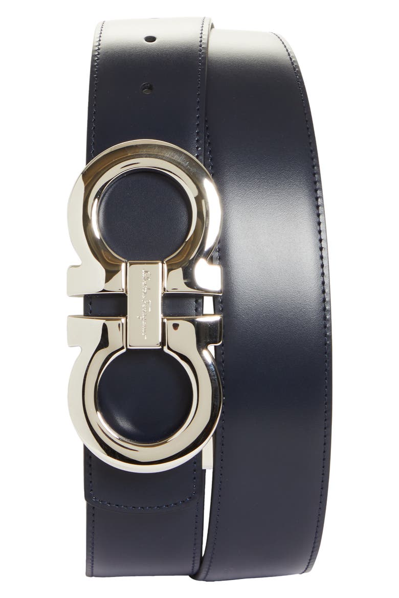 Salvatore Ferragamo Reversible Double Gancio Leather Belt, Main, color, BLUE MARINE WHITE