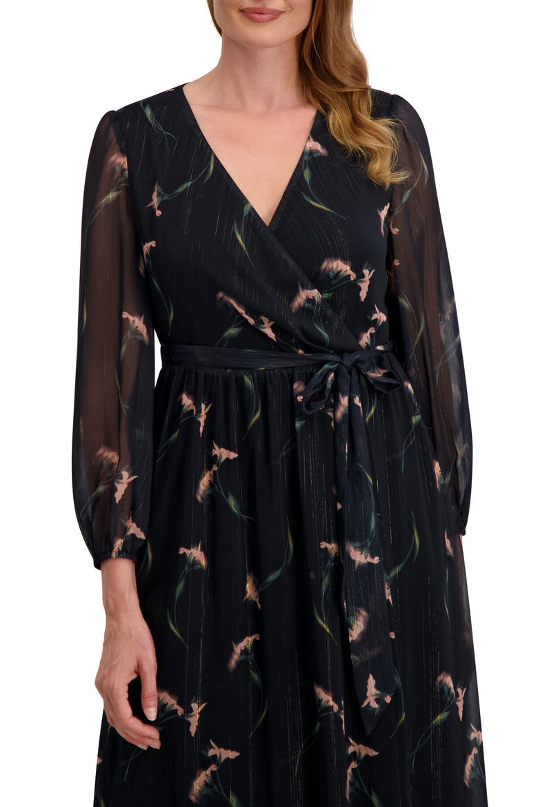 Maya Floral Long Sleeve Faux Wrap Chiffon Dress, Alternate, color, BLACK/ PINK