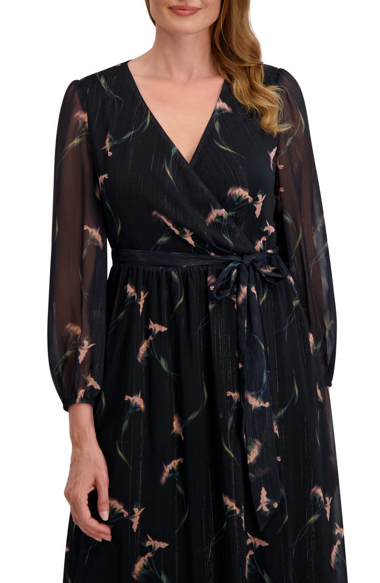 Laundry by Shelli Segal Maya Floral Long Sleeve Faux Wrap Chiffon Dress, Alternate, color, Black/ Pink