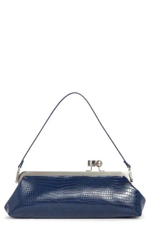 Croc Embossed Faux Leather East West Frame Shoulder Bag