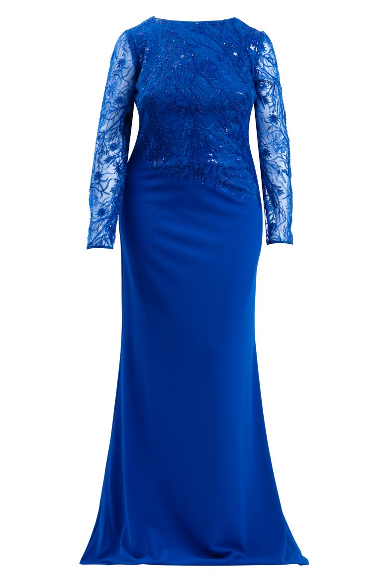 Sequin Floral Long Sleeve Gown, Alternate, color, MYSTIC BLUE