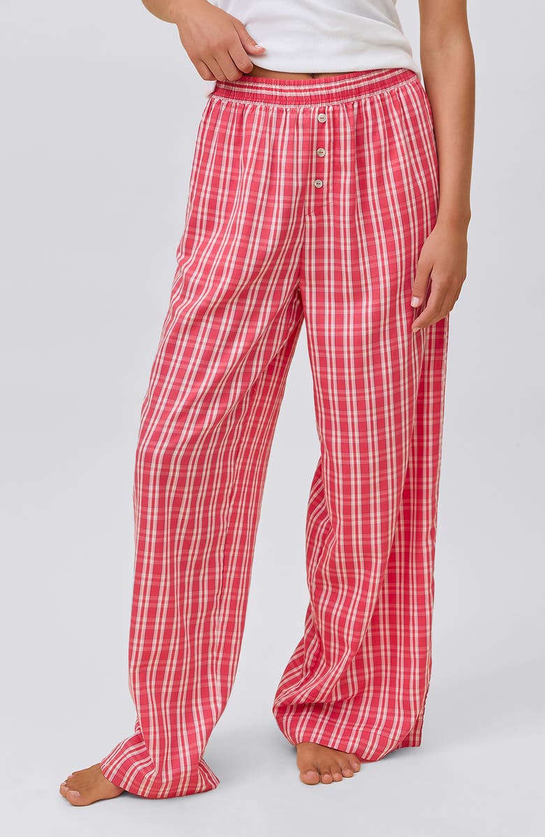 Papinelle Holiday Plaid Cotton Sateen Pajama Pants, Main, color, Berry Red