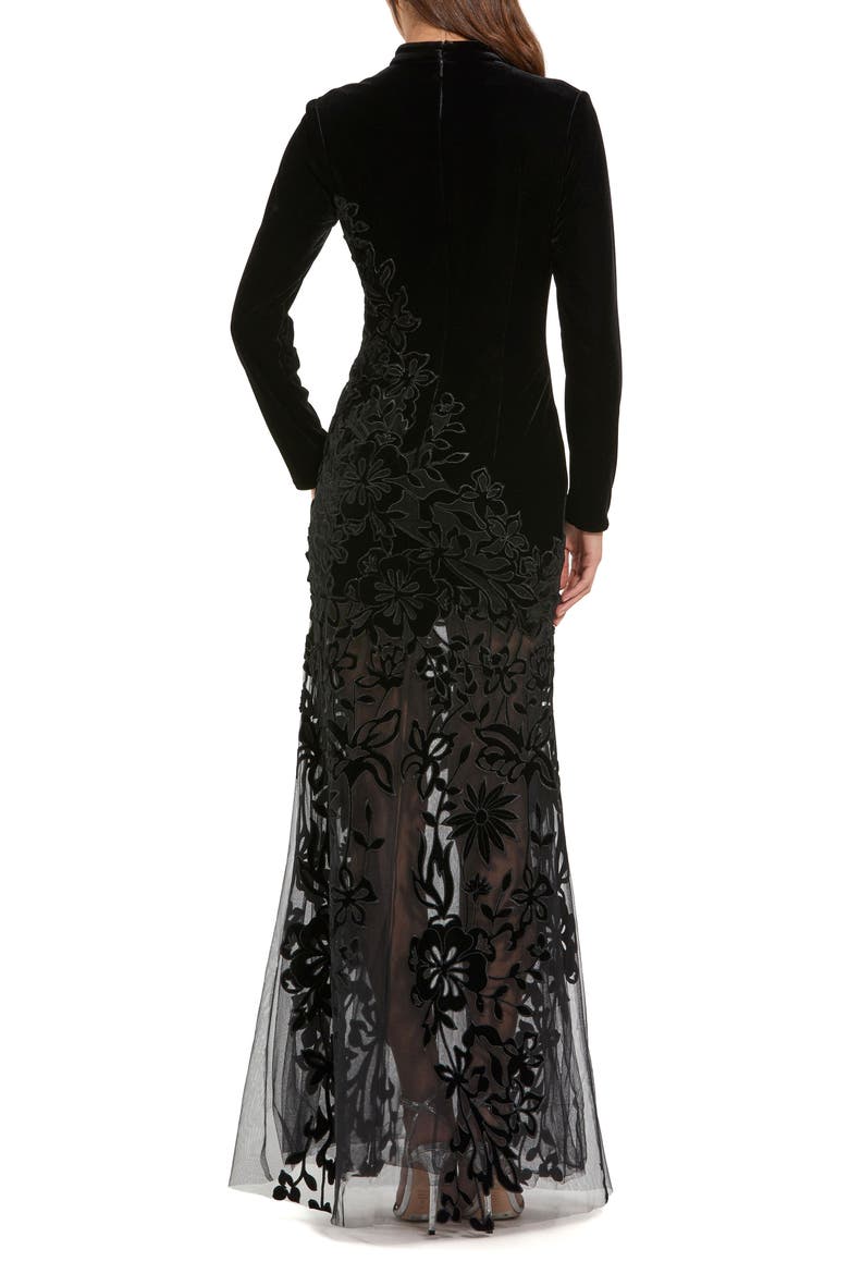 Long Sleeve Sheer Floral Embroidered Velvet Gown, Alternate, color, Black
