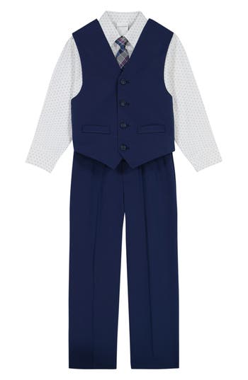 Van Heusen Kids' Diamond Texture Button-up Shirt, Vest, Tie & Pants Set In Navy
