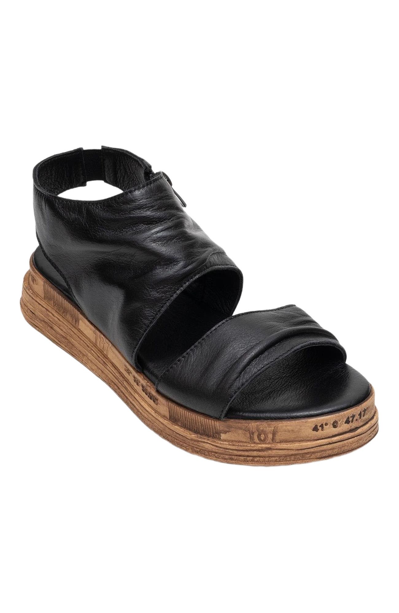 Forever & Always Shoes Lunas Leather Side-Zip Flat Heel Sandal, Alternate, color, Black Leather