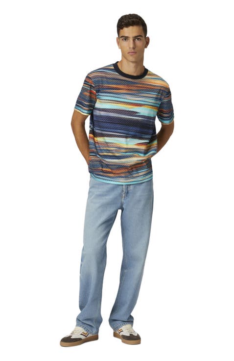 Cotton Crewneck T-shirt With Slub Zigzag Print