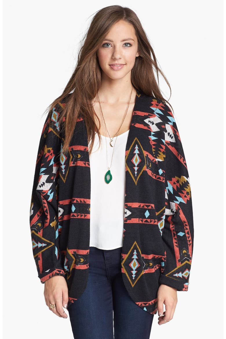 Open Front Patterned Cardigan, Main, color, BLACK/ AZTEC PRINT