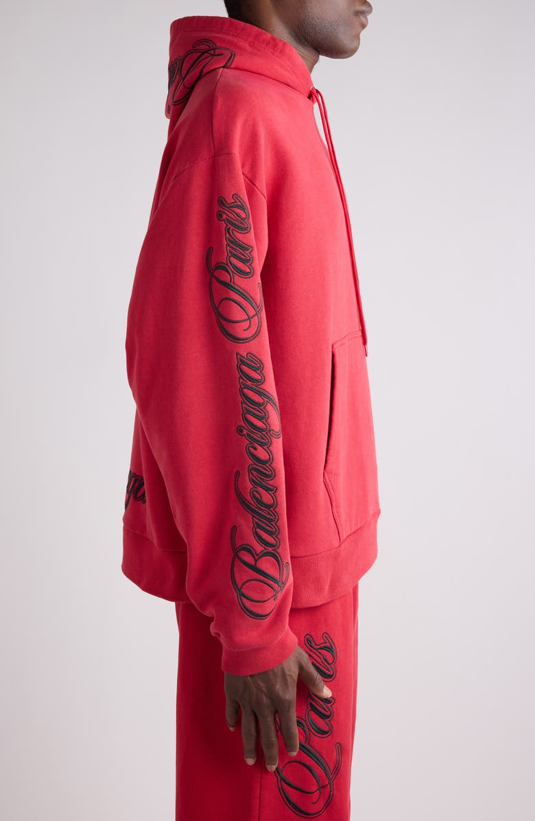Balenciaga Big B Cursive Logo Embroidered Oversize Dry Fleece Hoodie, Alternate, color, 6167 Red/ Black
