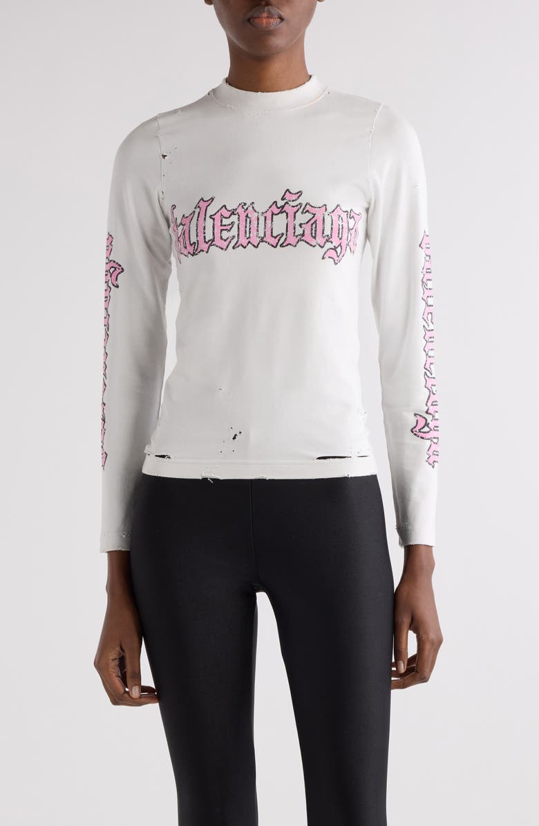 Balenciaga Blackletter Script Distressed Fitted Graphic T-Shirt, Main, color, 9012 Dirty White