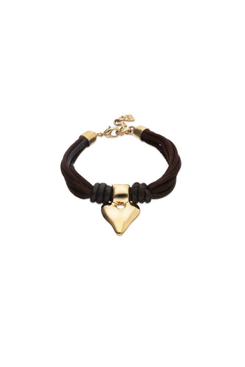 Silk-Effect Thread Blend Bracelet with Beige Leather and Heart Detail, Main, color, Gold