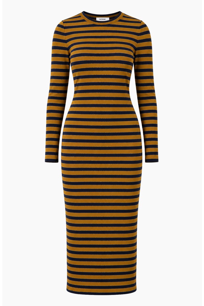 Long Sleeve Striped Fit-and-Flare Dress, Alternate, color, Camel