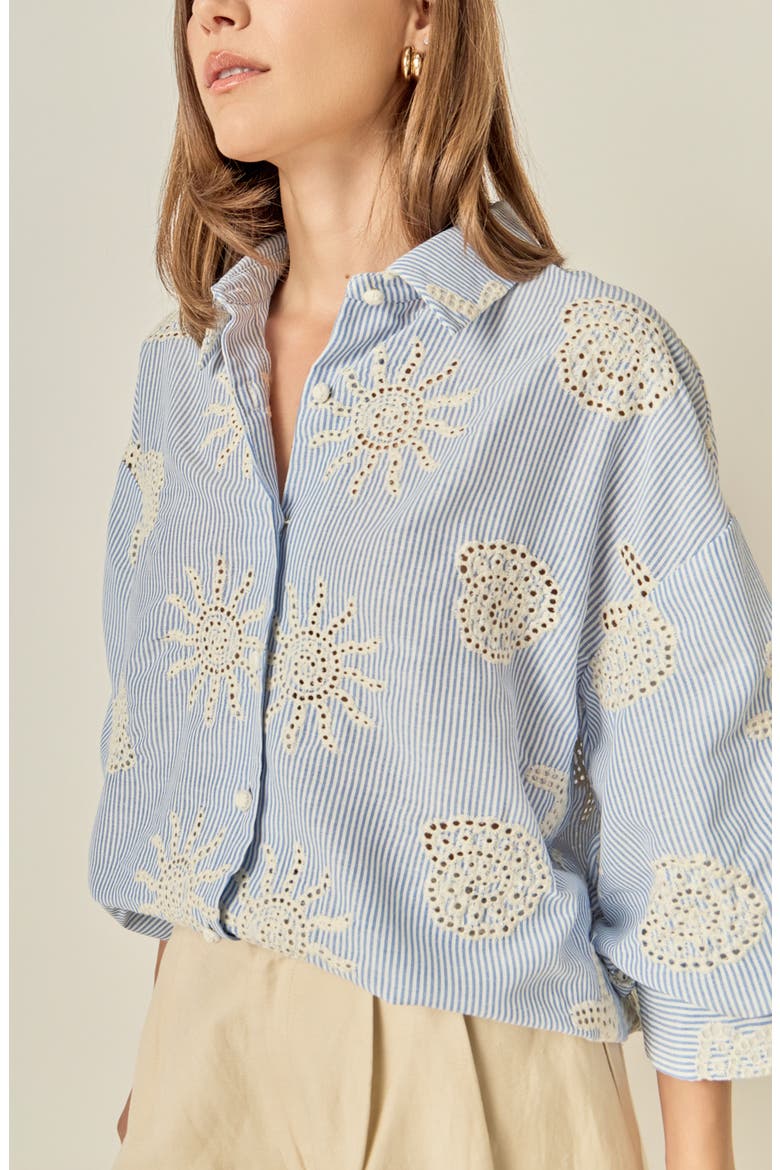 Striped Eyelet Embroidery Voluminous Shirt, Alternate, color, BLUE