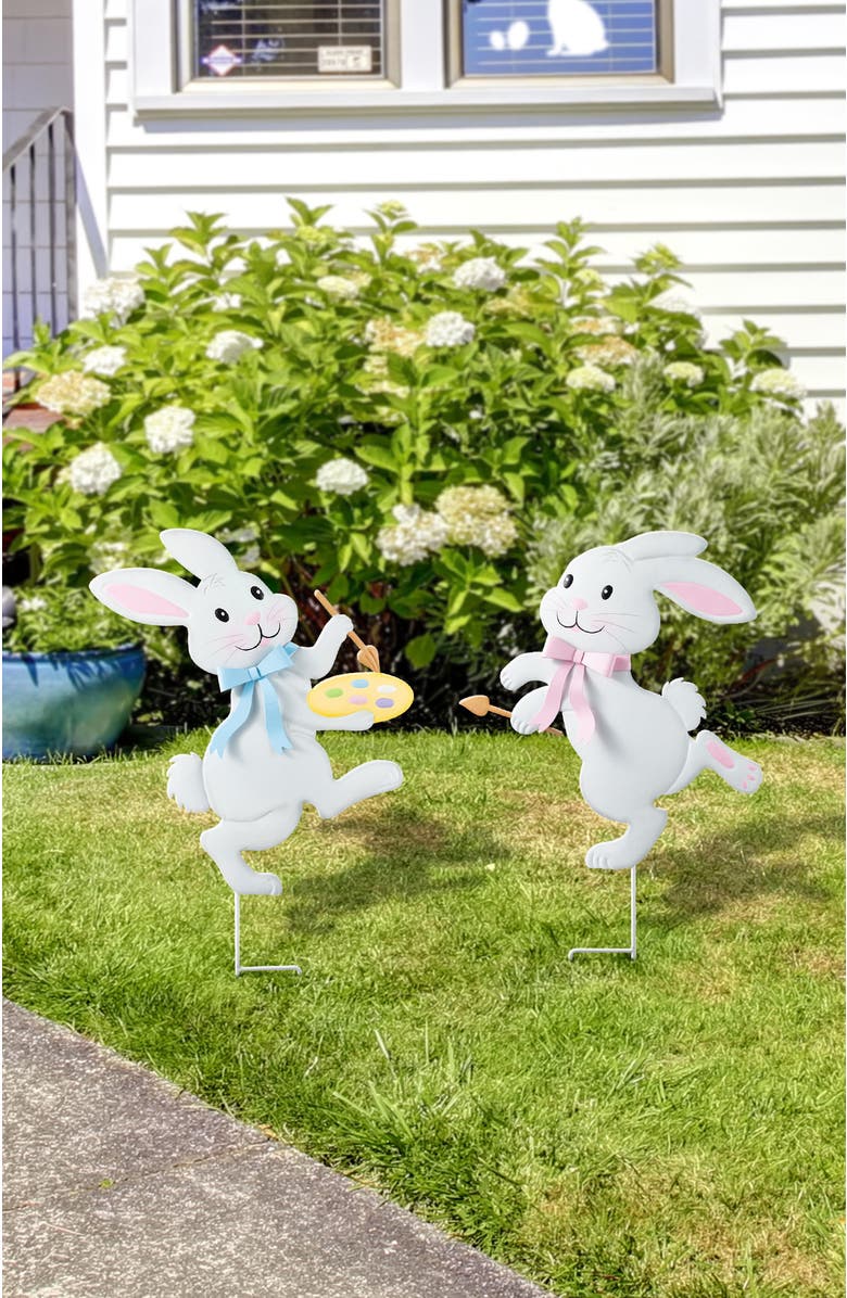 Glitzhome Set of 2 Easter Metal Bunny & Egg Yard Stake, Alternate, color, White