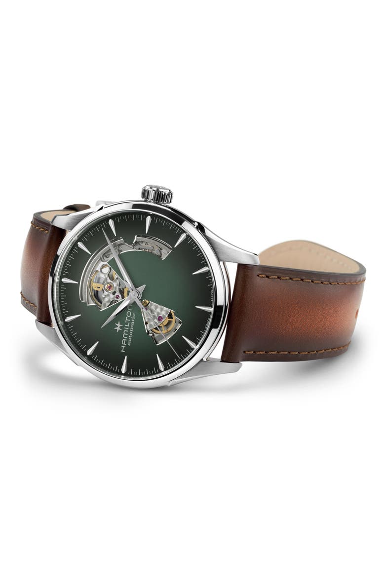 Jazzmaster Open Heart Automatic Leather Strap Watch, 42mm, Alternate, color, GREEN