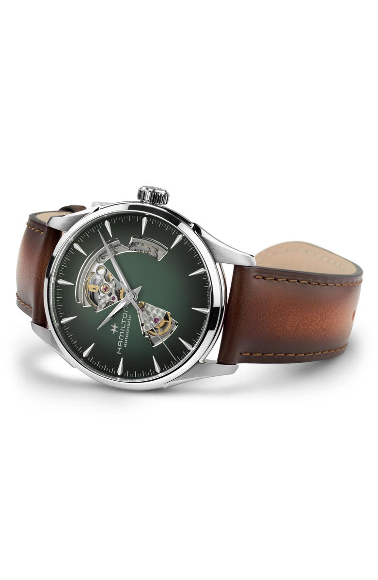 Hamilton Jazzmaster Open Heart Automatic Leather Strap Watch, 42mm, Alternate, color, Green
