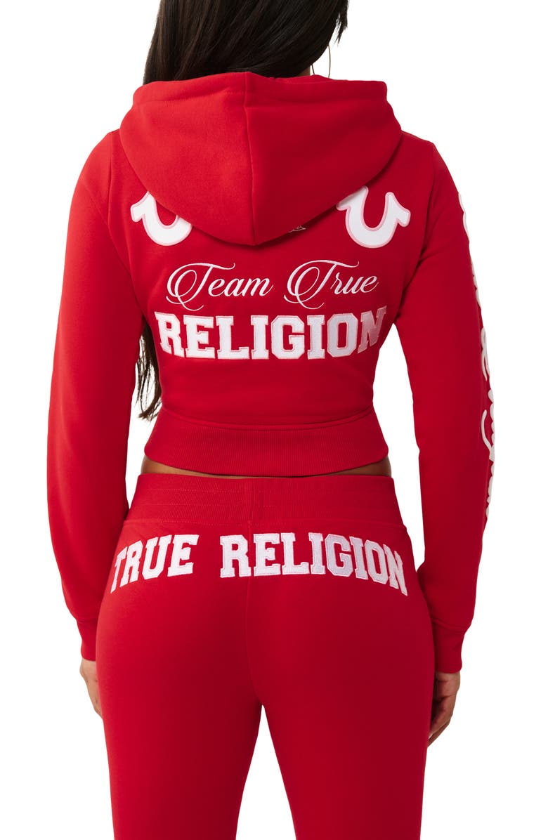 True Religion Embroidered Front Zip Cotton Blend Crop Hoodie, Alternate, color, Salsa