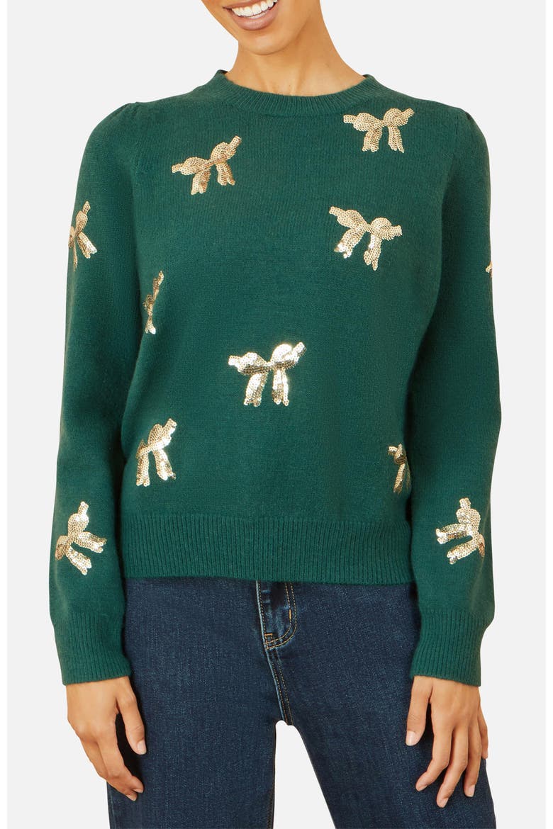 Sequin Applique Bow Sweater, Alternate, color, Green