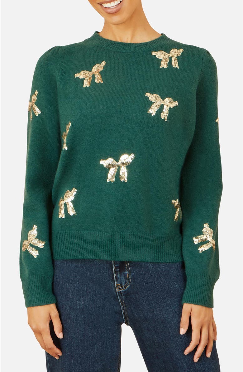 Yumi Sequin Applique Bow Sweater, Alternate, color, Green