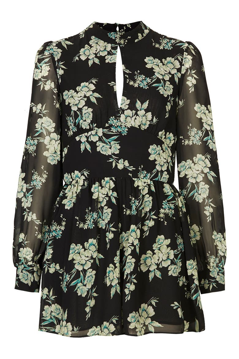 Floral Print Long Sleeve Romper, Alternate, color, BLACK